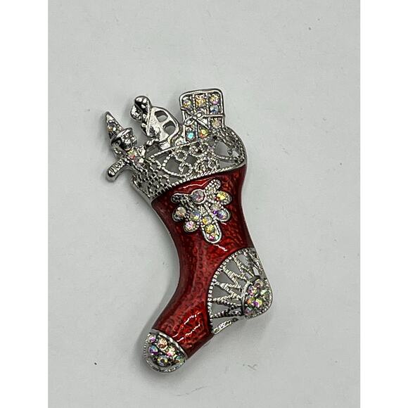 Red Enamel Silver Rhinestone Brooch Christmas Open Work Stocking Brooch Presents - Picture 6 of 6